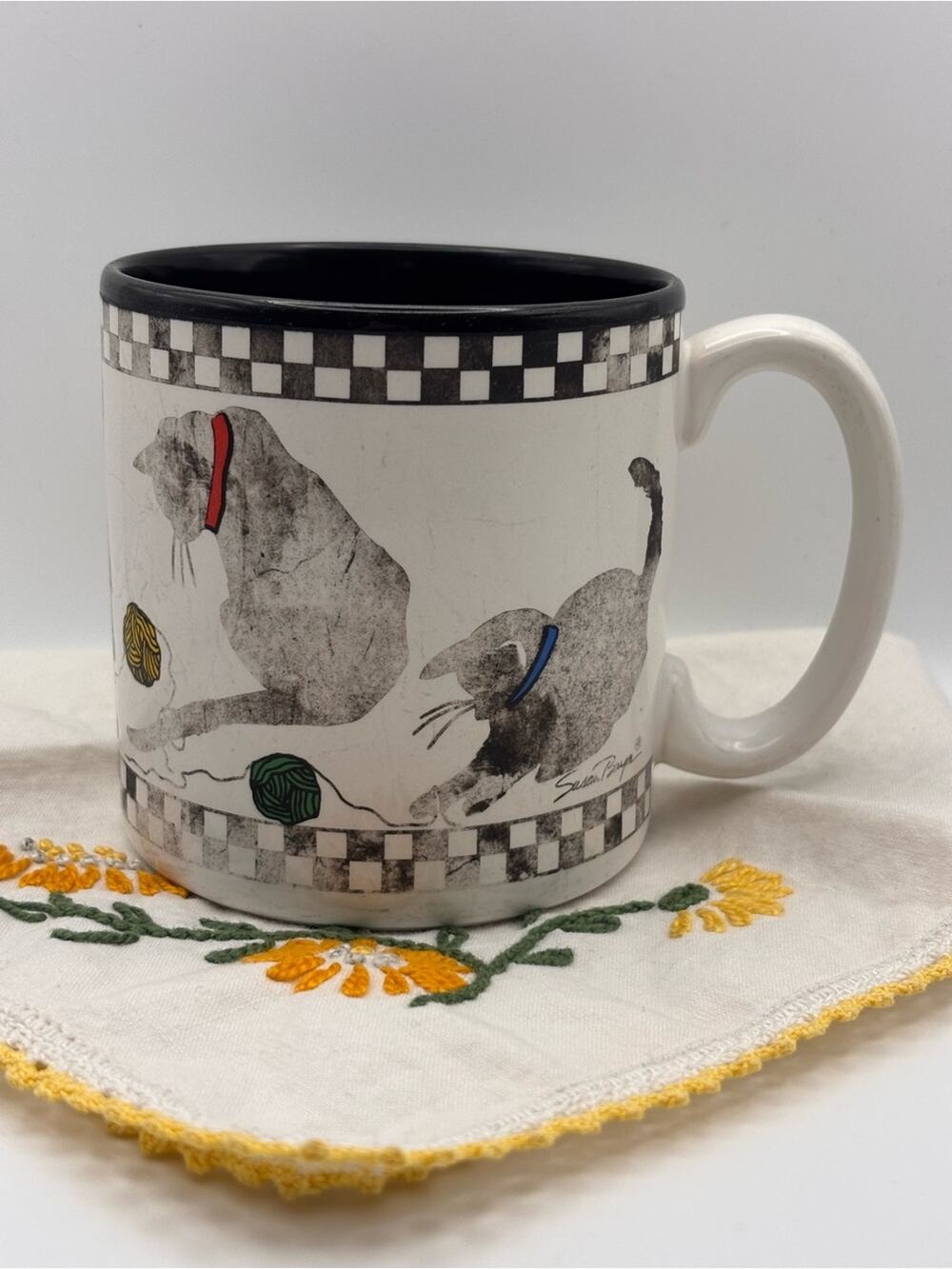 Vintage Cat Mug with Black and White Checker Design, Cat Lover Gift